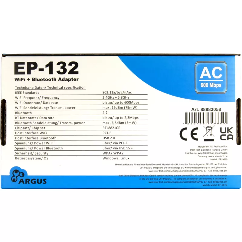 Ασύρματος προσαρμογέας δικτύου USB INTER-TECH Argus EP-132, USB 2.0, Wi-Fi 5 (έως 600 Mbit/s)