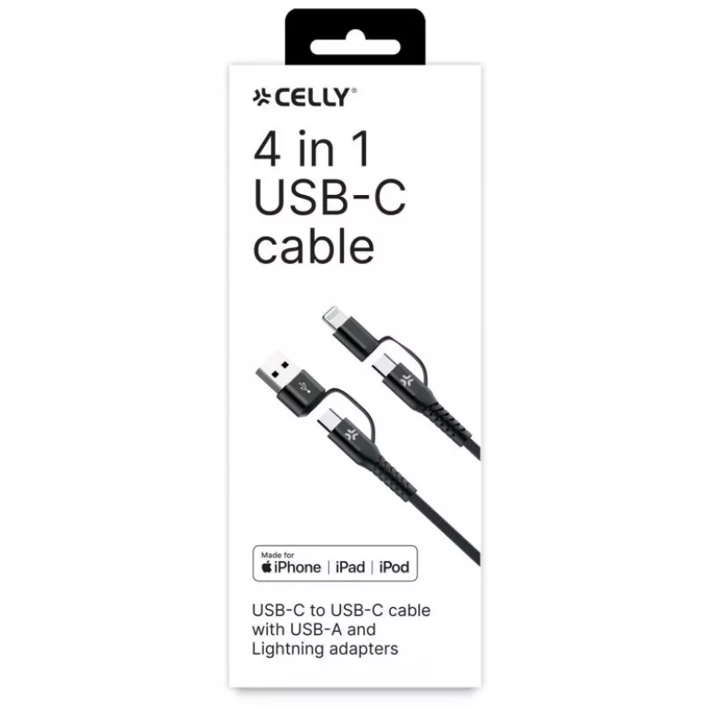 Celly Καλώδιο 4-IN-1 A+C σε C+LIGHT 2M BK