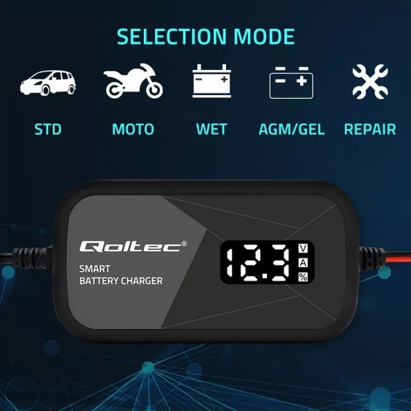 Φορτιστής μπαταρίας QOLTEC 52492 12V 2A με μικροεπεξεργαστή και αναγέννηση κυψελών