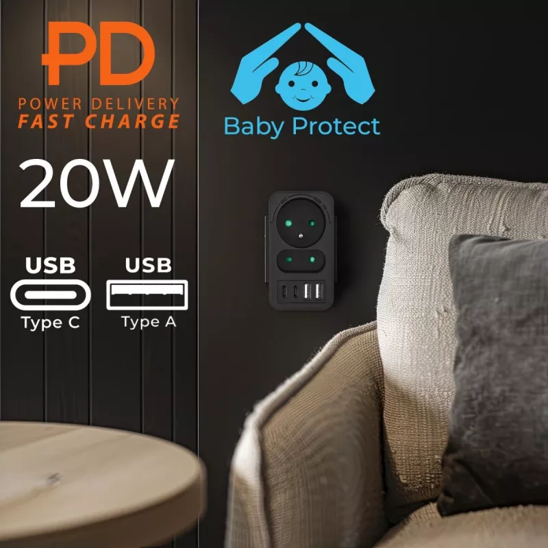 Πολύπριζο MACLEAN MCE249 F/B – 2 πρίζες AC (16A + 6A) με 2×USB-A και 2×USB-C PD 20W, βύσμα EU, μαύρο