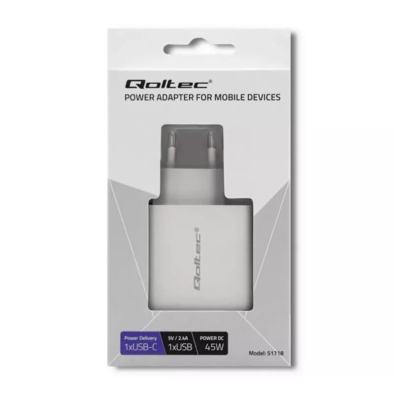 Qoltec 51718 φορτιστής | 45W | 5-20V | 2,4-3A | USB Type-C PD | USB | λευκό