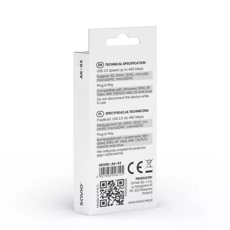 Αναγνώστης καρτών SD, USB 2.0, 480 Mbit/s, AK-63 Savio SAVAK-63