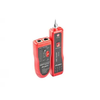 Tester δικτύου LANBERG NT-0501 — υποστήριξη RJ-11/RJ-12/RJ-45, μέγιστο μήκος 250 m, ενσωματωμένη μπαταρία, ενδείξεις LED, μαύρο