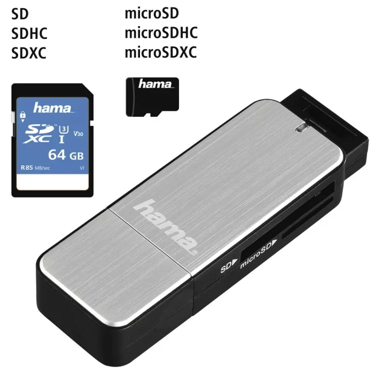 Hama 123900 αναγνώστης καρτών USB 3.0 SD/microSD, αλουμίνιο, μαύρο/ασημί