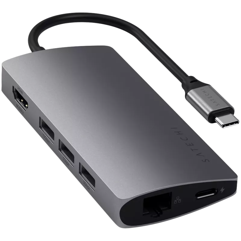 Satechi Αλουμινένιος Adapter V2 USB-C (USB-C, 3x USB-A, 4K HDMI, αναγνώστης καρτών micro/SD, Ethernet) (Starlight Grey)