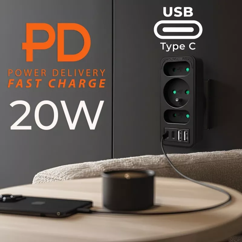 Πολύπριζο MACLEAN MCE248 F/B — 3 πρίζες AC (1x16A, 2x6A) και 4 θύρες USB (2xUSB‑A, 2xUSB‑C PD 20W), βύσμα EU, μαύρο