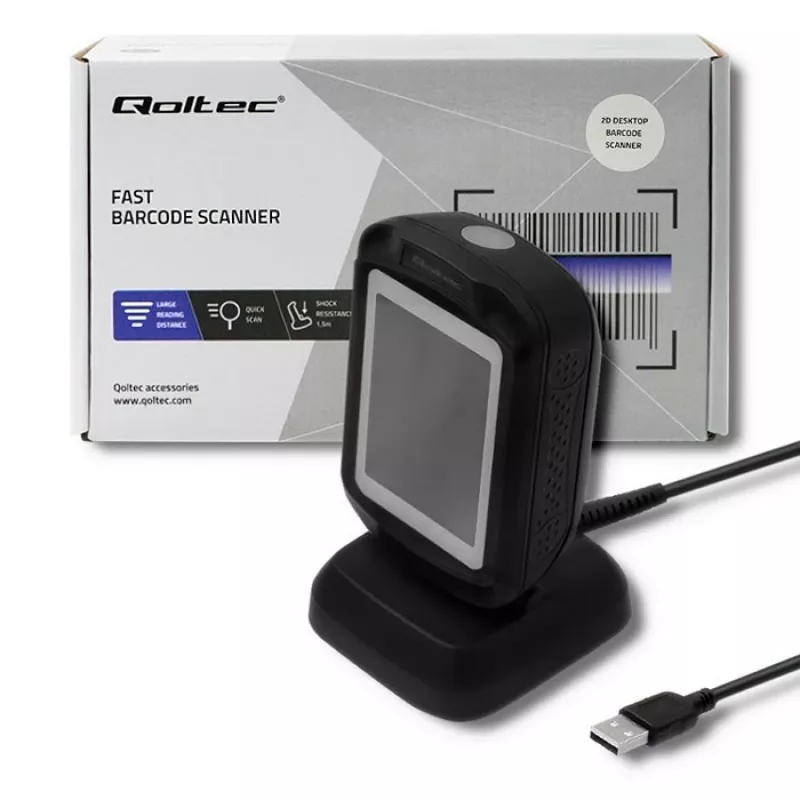 Σταθερός σαρωτής barcode 1D/2D QOLTEC 50864, αισθητήρας LED, USB (ενσύρματο), μαύρο, 145×85×80 mm