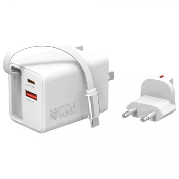 4smarts 541065 GaN Flex Jojo 65W φορτιστής τοίχου, 2x USB-C PD + USB-A QC 3.0, ανασυρόμενο καλώδιο USB-C, 100-240V, λευκός