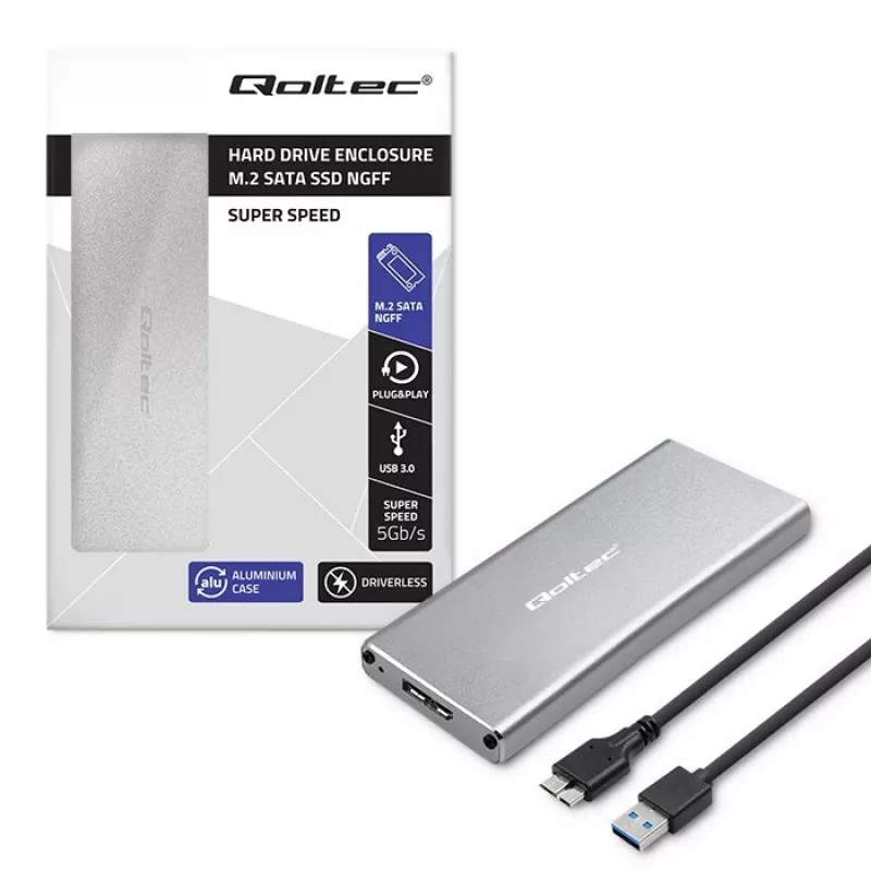 Θήκη αλουμινίου QOLTEC 51833 για M.2 SSD, SATA σε USB 3.0, υποστηρίζει έως 2 TB
