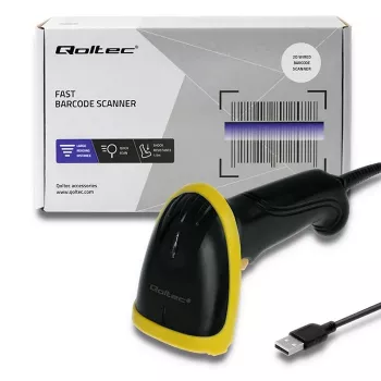 Φορητός σαρωτής barcode QOLTEC 50867 — σαρωτής λέιζερ 1D/2D, USB ενσύρματος, εμβέλεια 600 mm, κίτρινο/μαύρο
