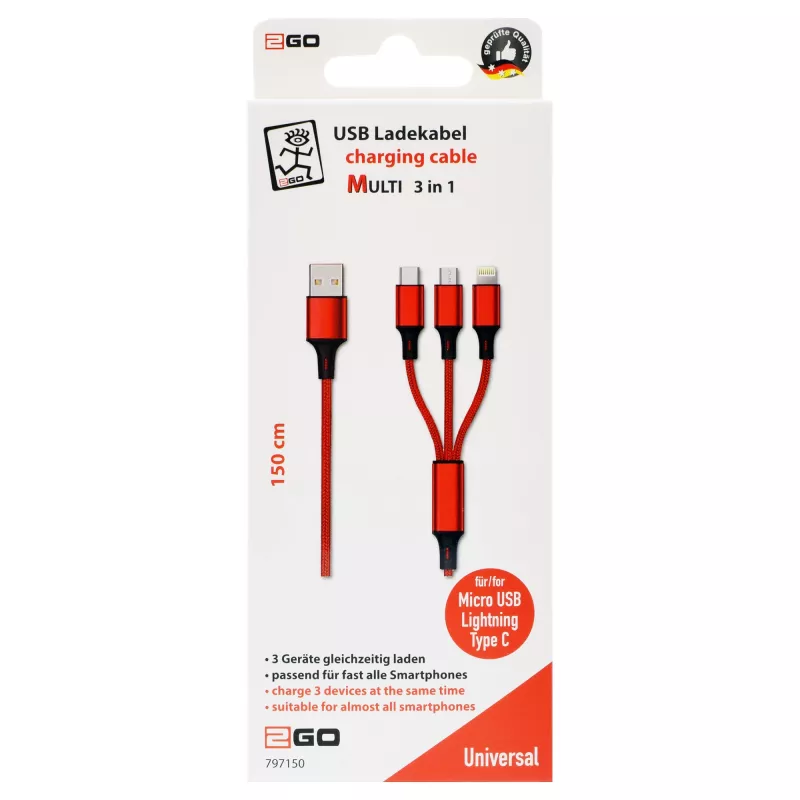 Καλώδιο USB 2GO 797150 1,5m USB B USB C/Micro-USB B/Lightning κόκκινο