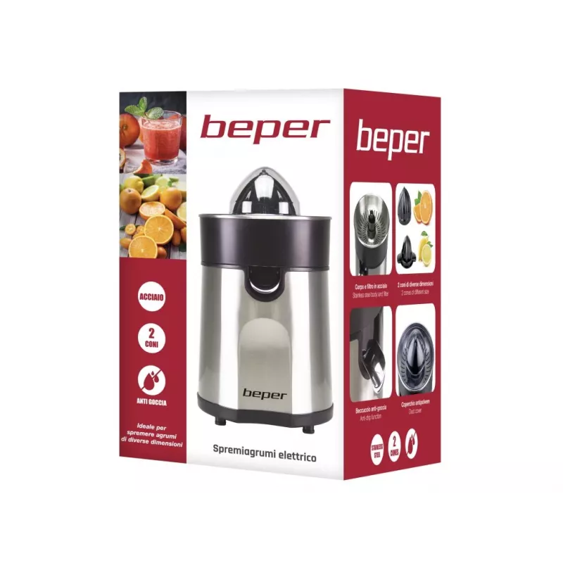 Beper P102EST001 ηλεκτρικός στίφτης εσπεριδοειδών, 85 W, στόμιο κατά της διαρροής, 2 κώνοι, μαύρο / ανοξείδωτο ατσάλι
