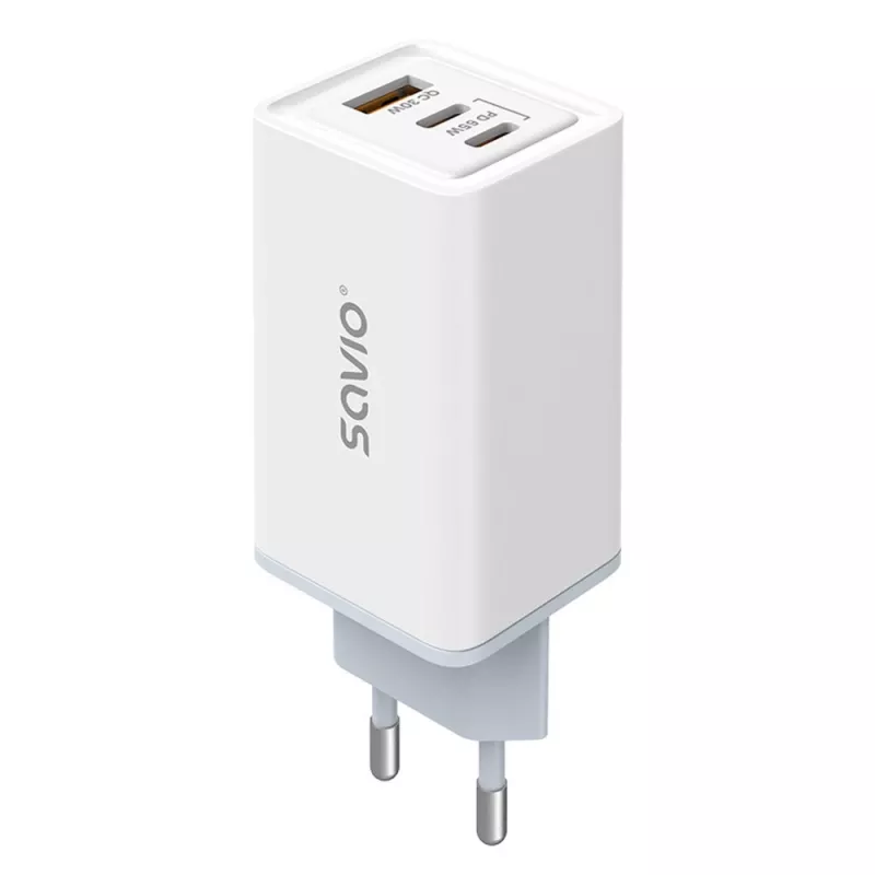 Τροφοδοτικό SAVIO LA-07 GaN 65W, USB, QC4.0+, PD 3.0, Λευκό