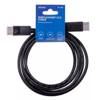 Καλώδιο DisplayPort SAVIO CL-136, βύσμα DisplayPort–βύσμα, 2 m, DP 1.2, επιχρυσωμένες επαφές, μαύρο