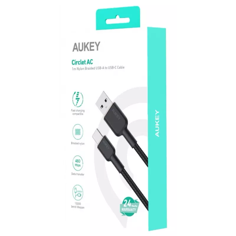 Καλώδιο USB-A σε USB-C Aukey CB-NAC1, 1 m, πλεκτό νάιλον, USB PD 60 W, USB 2.0