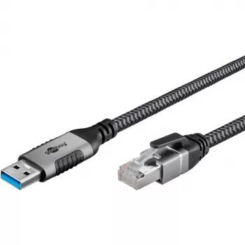 Καλώδιο Ethernet USB-A 3.2 Gen1 βύσμα αρσενικό > βύσμα αρσενικό RJ-45, adapter LAN μαύρο/ασημί, 5 μέτρα, πλεκτό περίβλημα υφάσματος