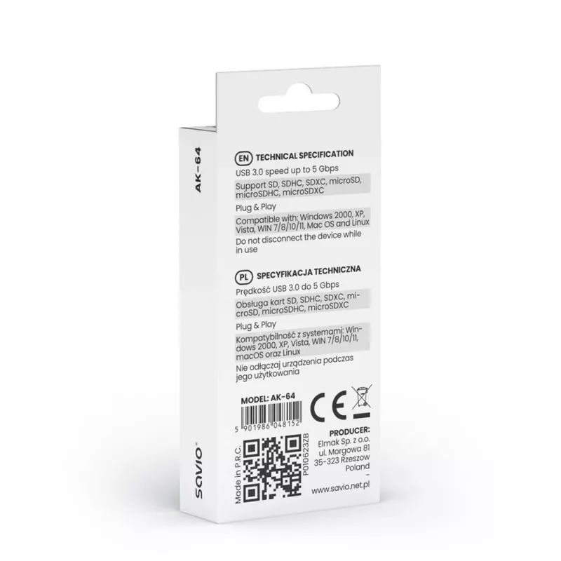 Αναγνώστης καρτών SAVIO AK-64 USB 3.2 Gen 1 έξοδος Type-A, υποδοχή MicroSD, 5000 Mbit/s, μαύρο