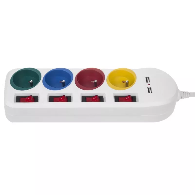 Πολύπριζο MACLEAN MCE229W — 4 πρίζες, 2× USB, καλώδιο 1,5 m, Τύπος F, 10 A, λευκό