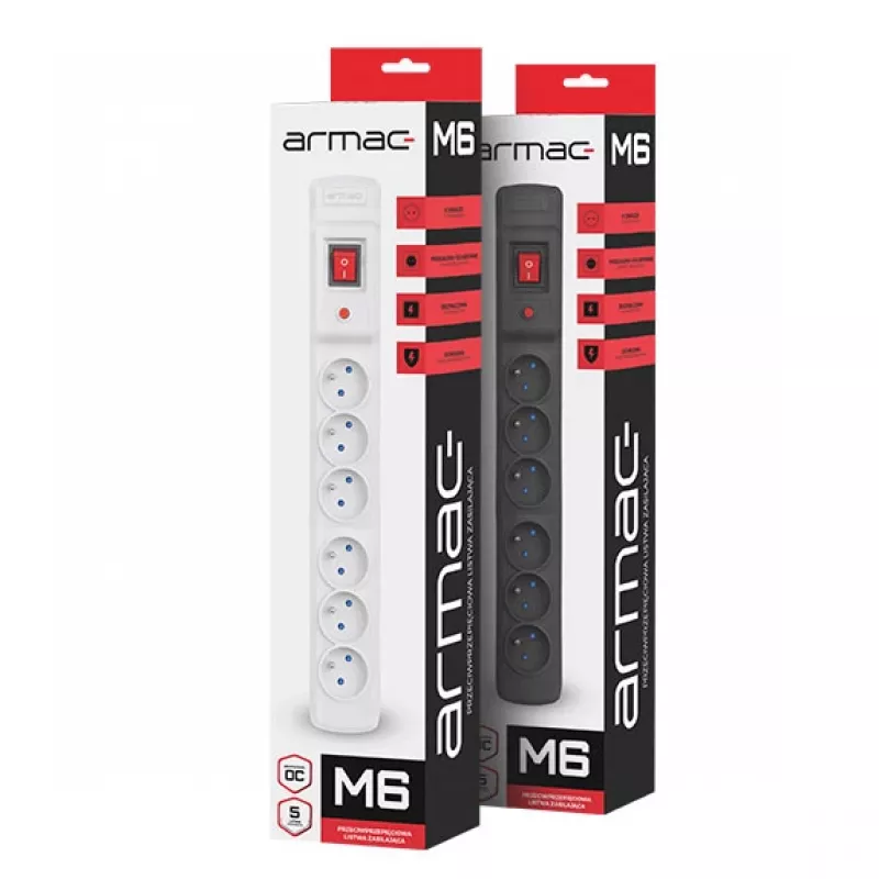 Armac Multi M6 | Πολύπριζο | Προστασία υπέρτασης, 6 πρίζες, καλώδιο 5 m, μαύρο