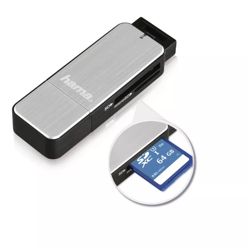 Hama 123900 αναγνώστης καρτών USB 3.0 SD/microSD, αλουμίνιο, μαύρο/ασημί