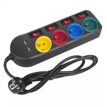 Πολύπριζο MACLEAN MCE229B — 4 πρίζες AC, 2× USB-A, καλώδιο 1,5 m, 10 A, Τύπος F, Εσωτερικός χώρος, μαύρο