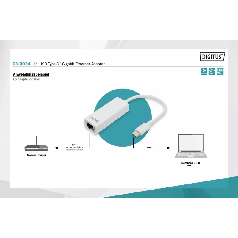 Digitus DN-3024 Προσαρμογέας USB 3.0 20 cm 1x USB-C σε 1x RJ45 Θωρακισμένο