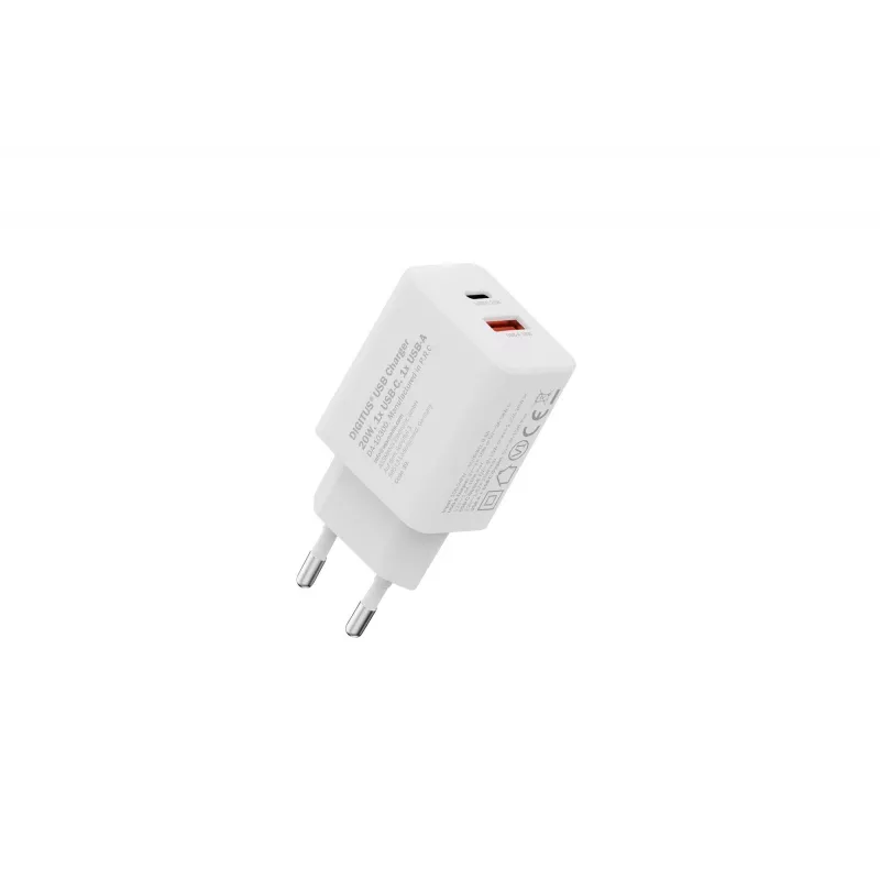 Φορτιστής AC USB DIGITUS 20W, 1x USB-C, 1x USB-A, είσοδος 100–240V, λευκό