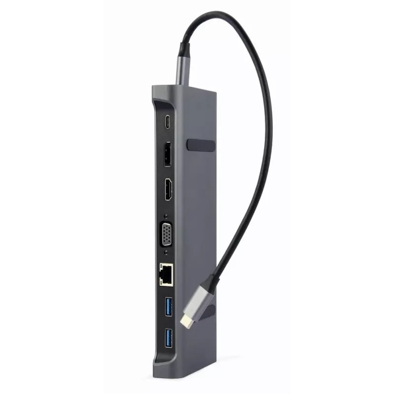 Laptop Dock Gembird A-CM-COMBO9-02 USB 3.2 Gen 1 Type-C, HDMI, VGA, 3×USB-A, Gigabit Ethernet, 87W PD, Γκρι