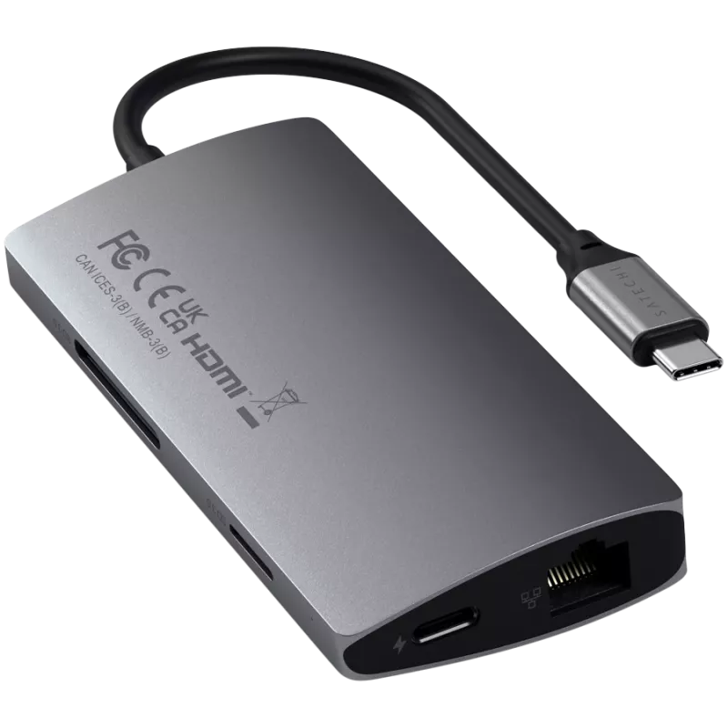 Satechi Αλουμινένιος Adapter V2 USB-C (USB-C, 3x USB-A, 4K HDMI, αναγνώστης καρτών micro/SD, Ethernet) (Starlight Grey)