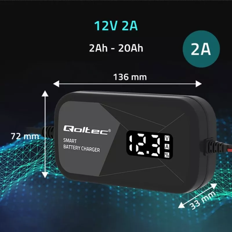 Φορτιστής μπαταρίας QOLTEC 52492 12V 2A με μικροεπεξεργαστή και αναγέννηση κυψελών