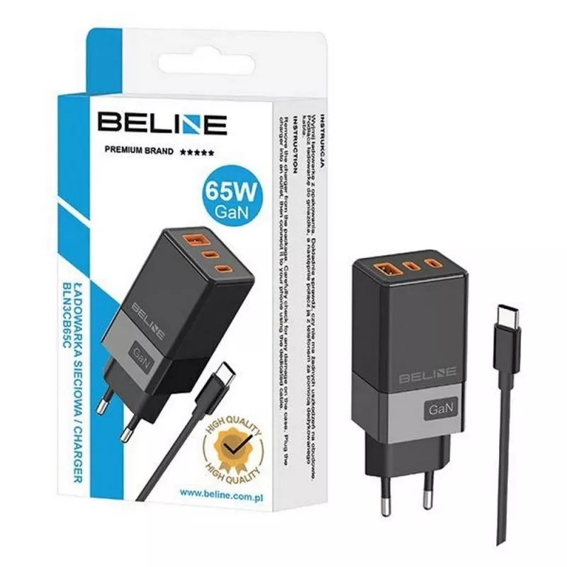 Τροφοδοτικό Beline 2x USB-C 1x USB 65W καλώδιο USB-C Μαύρο/Μαύρο PD 3.0