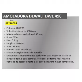 Γωνιακός τροχός DeWALT DWR490 — 2200 W, δίσκος 230 mm, 6600 RPM, 5,2 kg