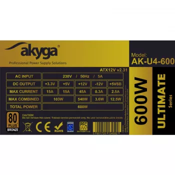 Akyga Ultimate AK-U4-600 ATX Τροφοδοτικό 600 W, 80 PLUS Bronze, ενεργό PFC, ανεμιστήρας 120-mm