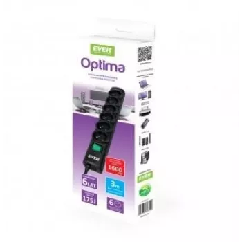EVER Optima T/LZ08-OPT030/0000 πολύπριζο με προστασία από υπερτάσεις, 6 πρίζες, 3 m, 250 V, προστασία για παιδιά, διακόπτης, μαύρο