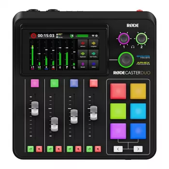 Studio controller RØDE Caster Duo Μαύρο — 2 Combo XLR/TRS, 2 TRS Line έξοδοι, 48 kHz, 24-Bit, οθόνη αφής, Wi‑Fi, Bluetooth