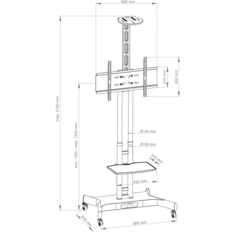 Hagor 8209 HP Twin Stand κινητή βάση δαπέδου για οθόνες 32-55 ιντσών (81-140 cm), 45 kg, ρυθμιζόμενου ύψους, μαύρη