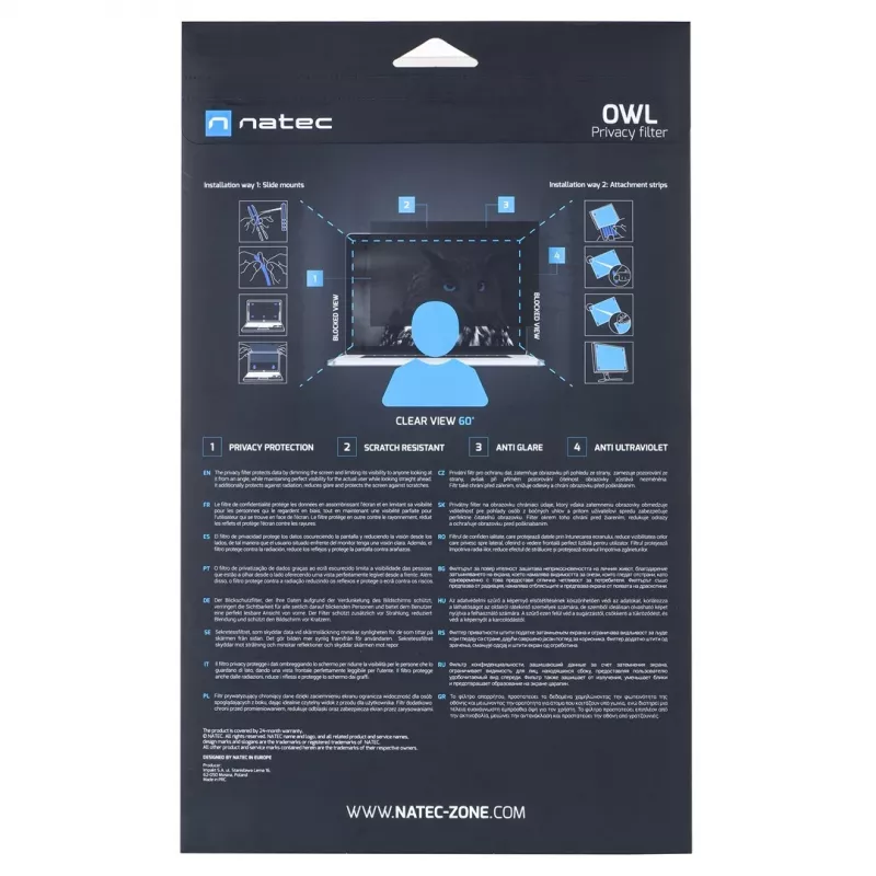 NATEC Owl NFP-1477 φίλτρο απορρήτου χωρίς πλαίσιο για οθόνη 60,5 cm (23,8 ιντσών), 16:9, 528 x 297 mm