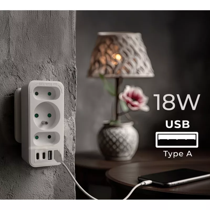 Πολύπριζο MACLEAN MCE248 F/W — 3 πρίζες AC (1×16A, 2×6A) + 4×USB (2×A, 2×C PD 20W), βύσμα EU, λευκό