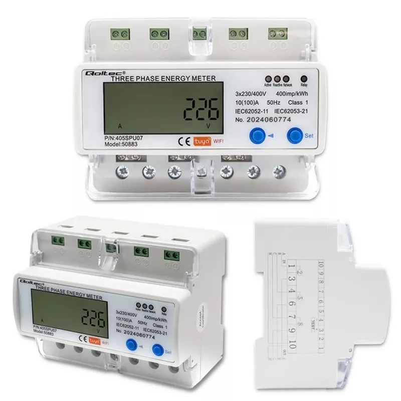 Τριφασικός μετρητής ενέργειας QOLTEC 50883 Wi‑Fi 400V με οθόνη LCD