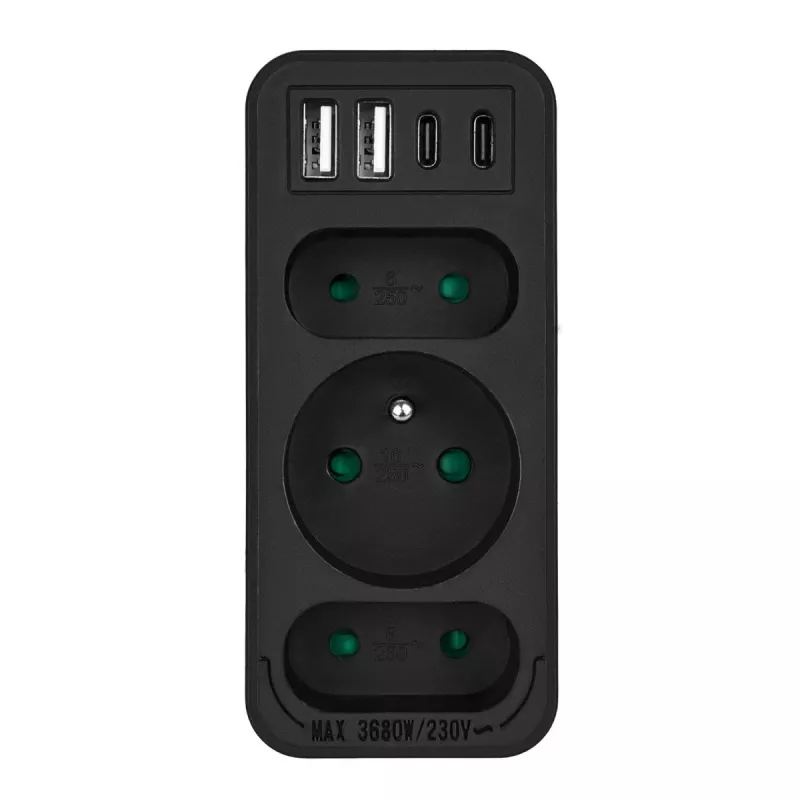 Πολύπριζο MACLEAN MCE248 F/B — 3 πρίζες AC (1x16A, 2x6A) και 4 θύρες USB (2xUSB‑A, 2xUSB‑C PD 20W), βύσμα EU, μαύρο