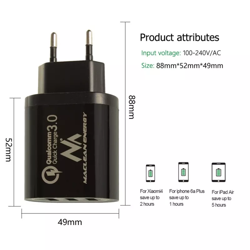 Φορτιστής τοίχου USB MACLEAN MCE479B — 3x θύρες USB, 18W συνολική ισχύς, συμπαγής