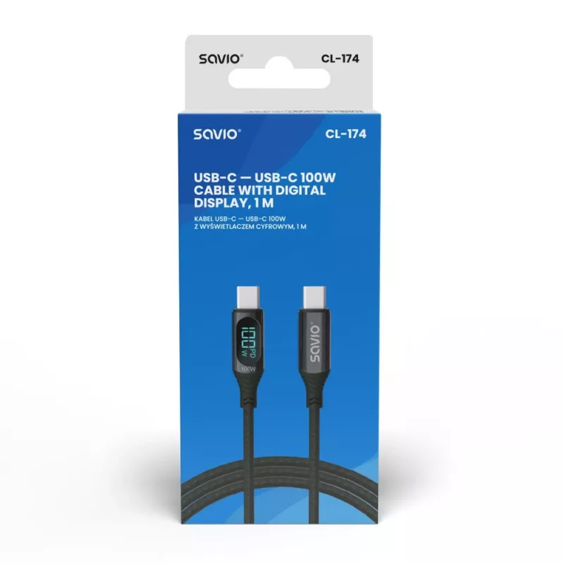 Savio CL-174 καλώδιο USB-C σε USB-C, 100 W, Power Delivery/Quick Charge, ψηφιακή οθόνη, 1 μ., πράσινο
