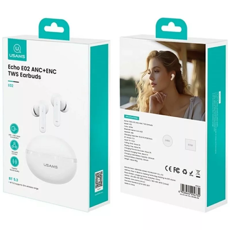 Ασύρματα ακουστικά Bluetooth Usams TWS E02 ANC+ENC λευκά