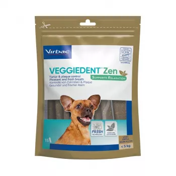 Ξηρά sticks περιποίησης δοντιών σκύλου VIRBAC VEGGIEDENT ZEN XS x15 για μικρούς σκύλους, συσκευασία με 15 sticks
