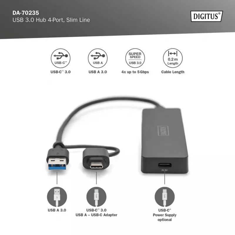 USB Hub, Digitus, DA-70235, 4-Port, USB 3.2 Gen 1, Type-A και Type-C, 12000 Mbit/s