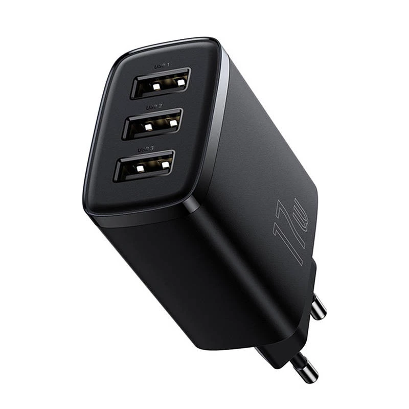 Baseus συμπαγής ταχυφορτιστής, 3x USB, 17 W (μαύρο)