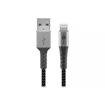 Goobay 49269 καλώδιο USB-A σε Lightning, 2 m, υφασμάτινη επένδυση, μεταλλικά βύσματα, πιστοποίηση MFi, USB 2.0, γκρι διαστήματος/ασημί