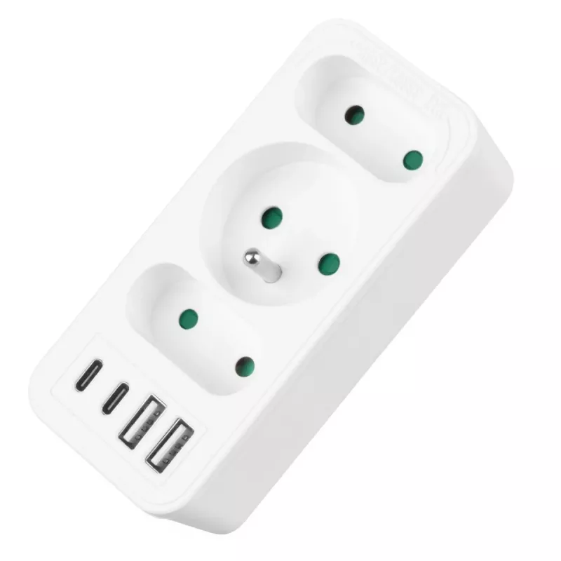 Πολύπριζο MACLEAN MCE248 F/W — 3 πρίζες AC (1×16A, 2×6A) + 4×USB (2×A, 2×C PD 20W), βύσμα EU, λευκό