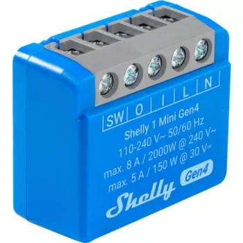 Συμπαγές έξυπνο ρελέ Shelly 1 Mini Gen4, 1P 8A, Wi‑Fi/Matter/Zigbee/Bluetooth, 110–240 V (2 τεμ.)