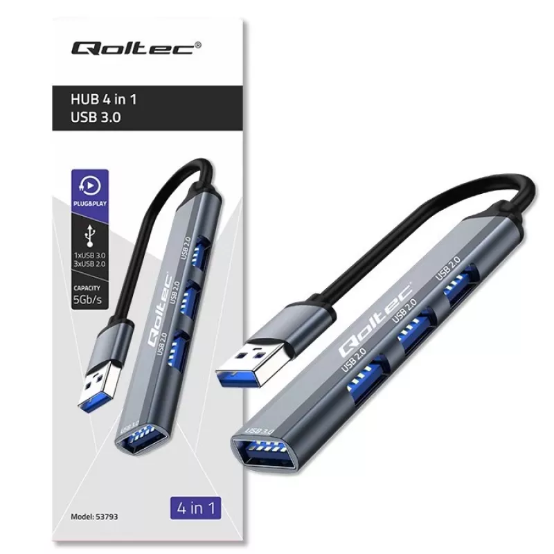 USB-Hub QOLTEC 53793 — USB 3.0 είσοδος, 3× USB 2.0 θύρες